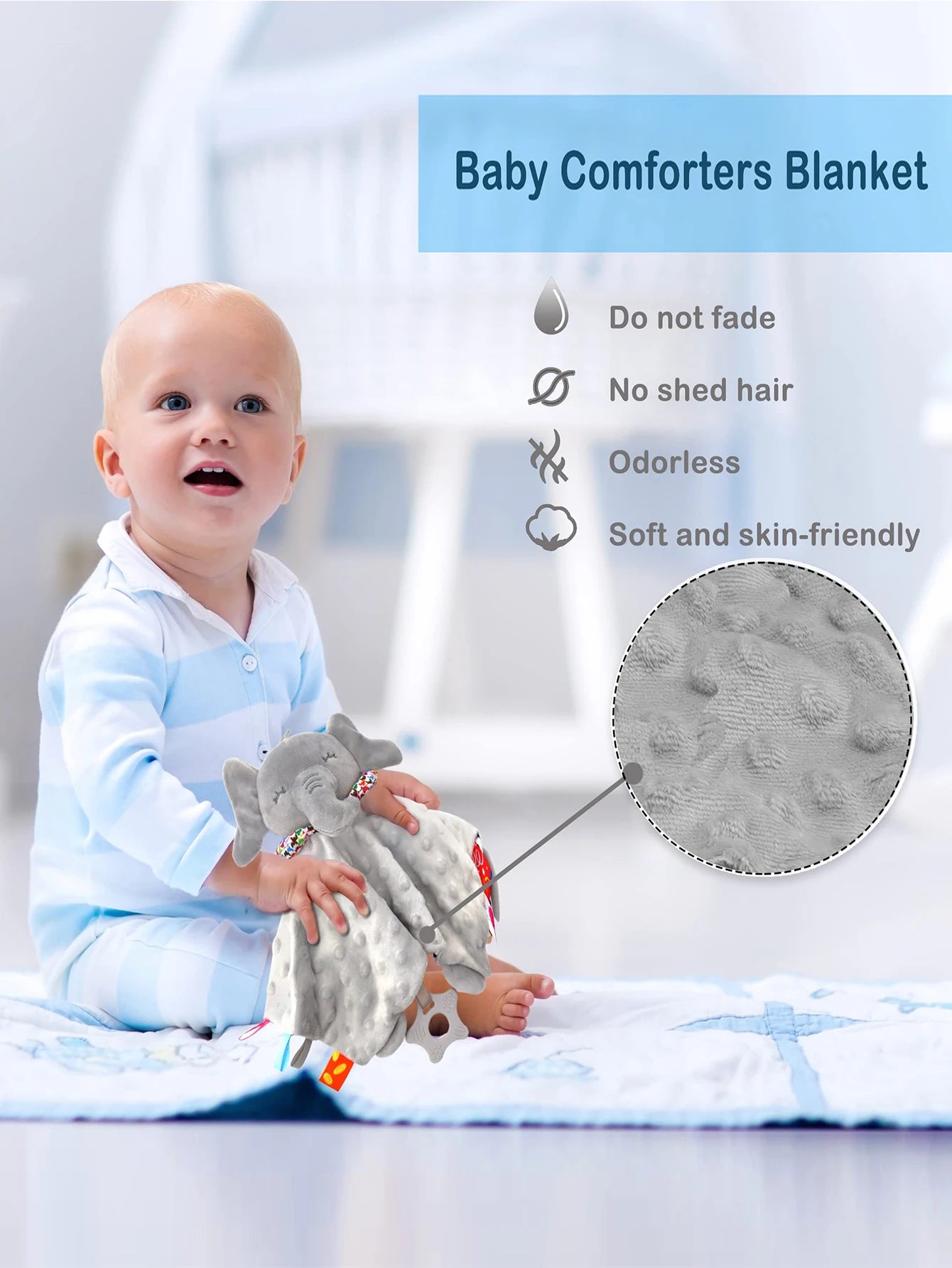 Baby Elephant Security Blanket with Teether & Rattle – Newborn Snuggle Toy