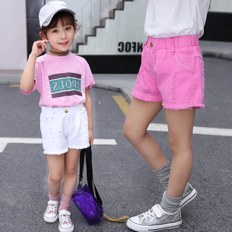 Girls' Distressed Denim Shorts | Elastic Waist Summer Shorts