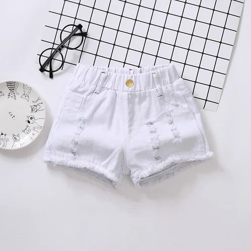 Girls' Distressed Denim Shorts | Elastic Waist Summer Shorts