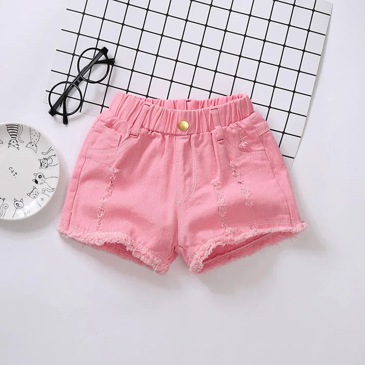 Girls' Distressed Denim Shorts | Elastic Waist Summer Shorts