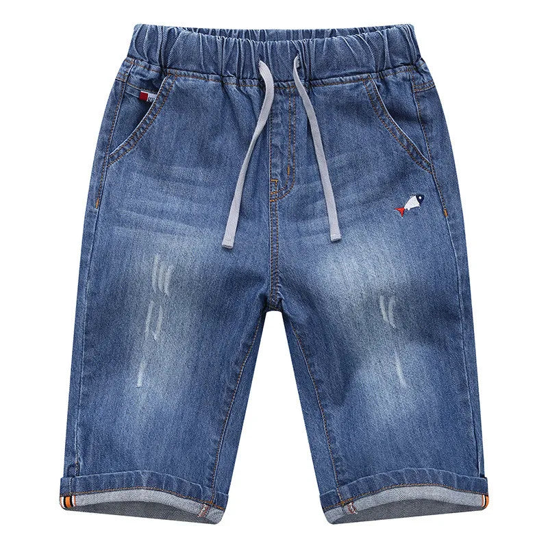 Boys Denim Jean Shorts – Summer Plaid Print, Ages 2–13