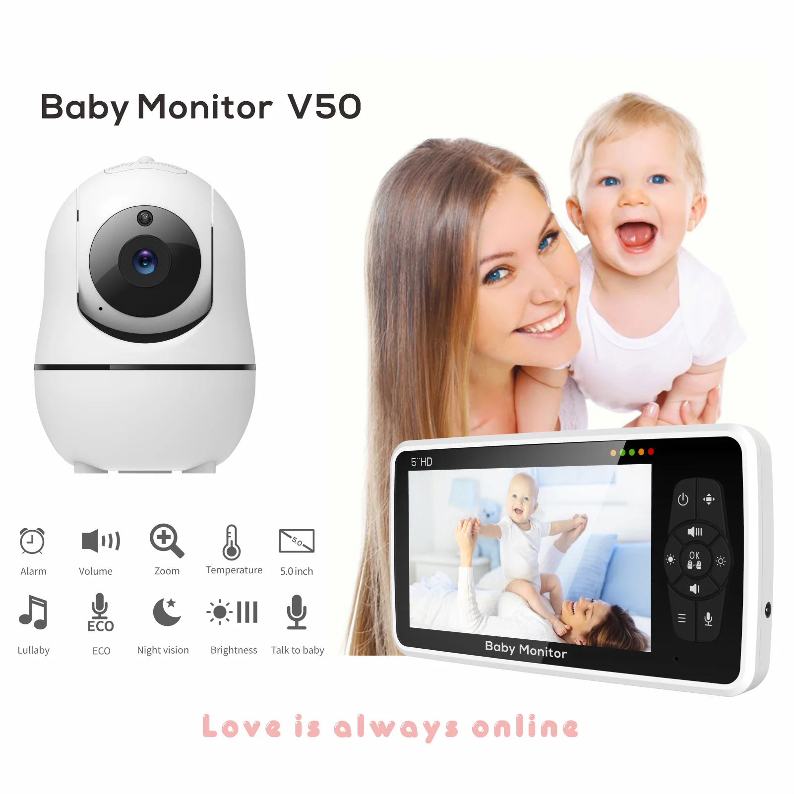 5" HD Video Baby Monitor with Camera & Audio - 1000ft Long Range, 22-Hour Battery Life - 4X Zoom, Night Vision & Secure No-WiFi Connection
