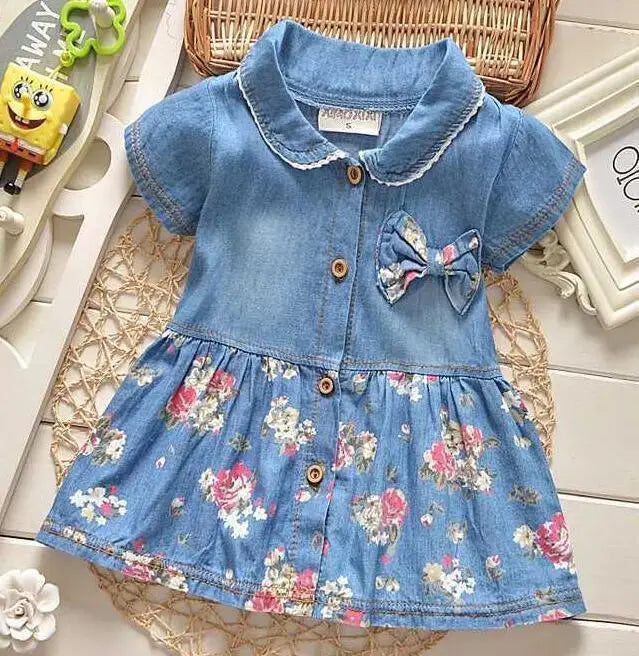 Baby Girls Denim Floral Dress Ages 12M–4T | Bow & Button Detail