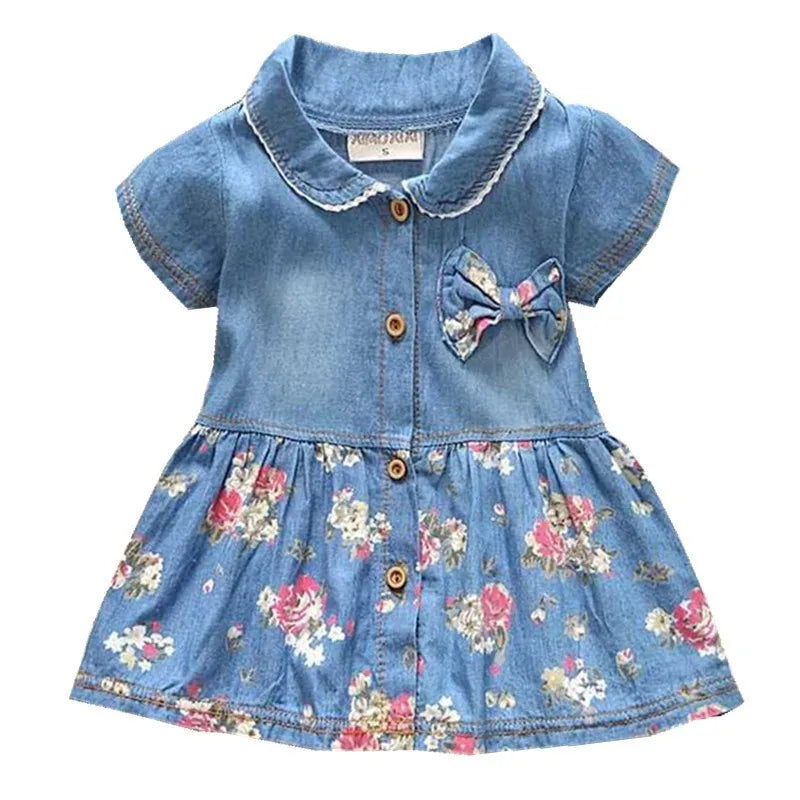 Baby Girls Denim Floral Dress Ages 12M–4T | Bow & Button Detail