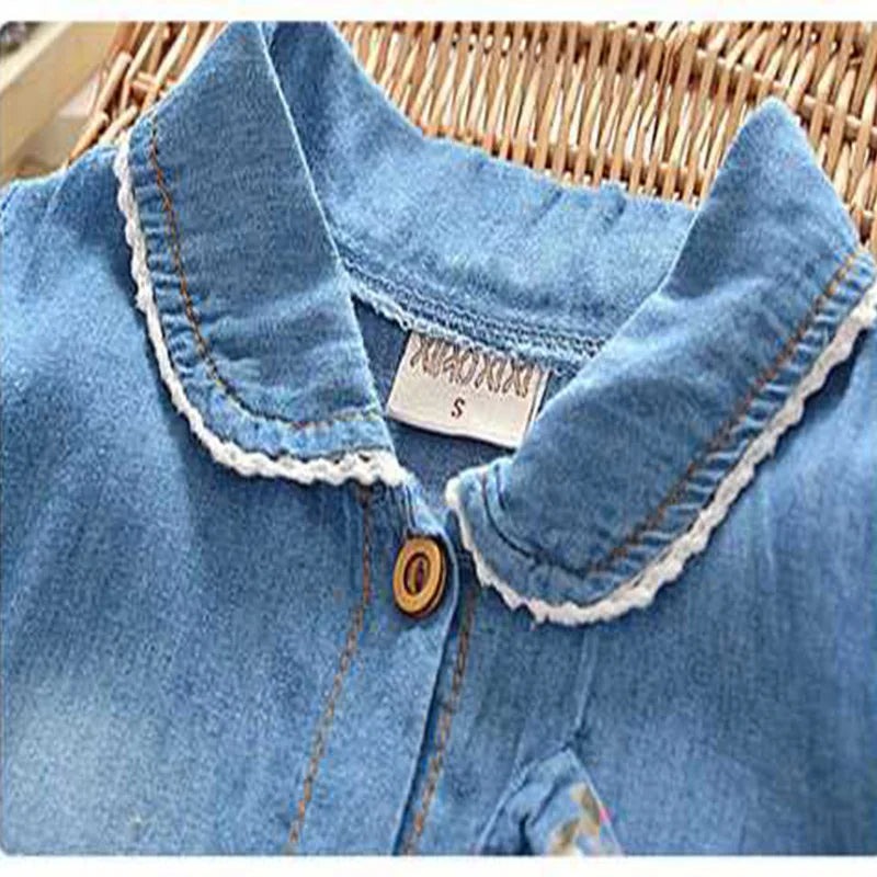 Baby Girls Denim Floral Dress Ages 12M–4T | Bow & Button Detail