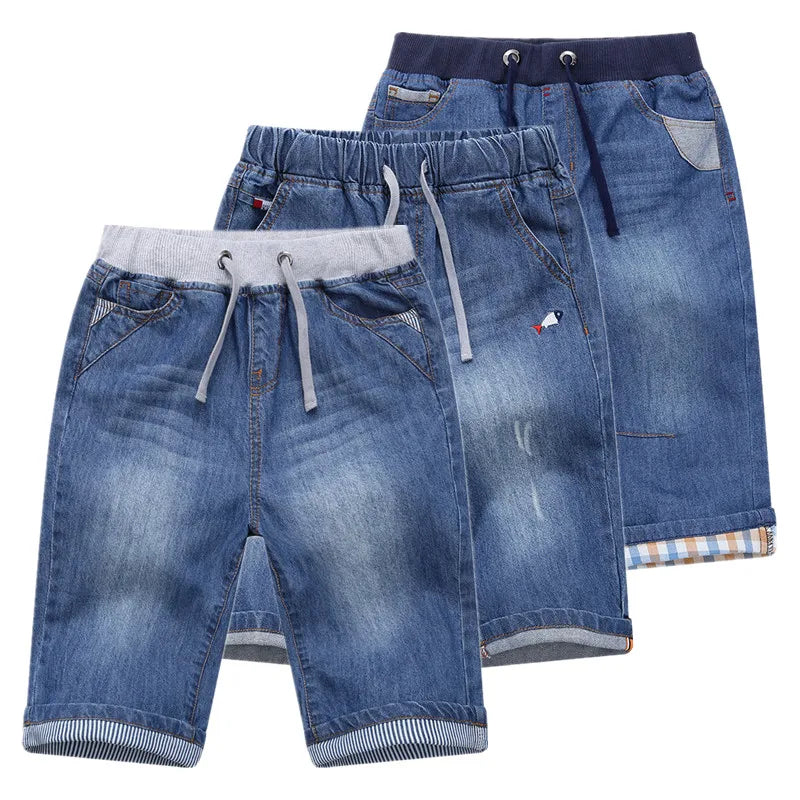 Boys Denim Jean Shorts – Summer Plaid Print, Ages 2–13