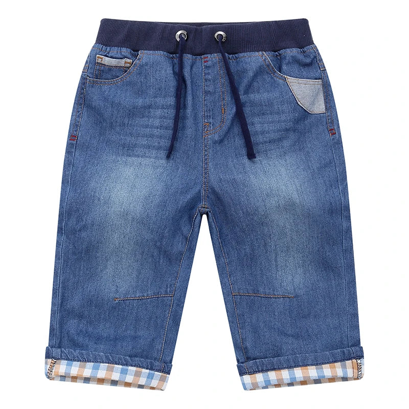 Boys Denim Jean Shorts – Summer Plaid Print, Ages 2–13