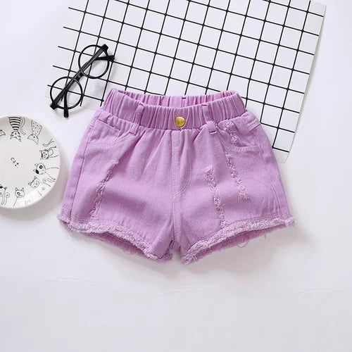 Girls' Distressed Denim Shorts | Elastic Waist Summer Shorts