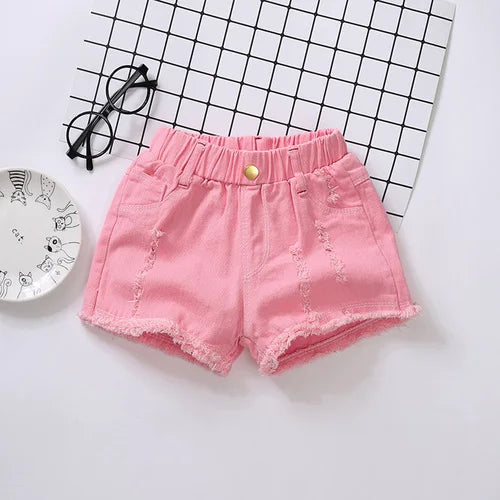Girls' Distressed Denim Shorts | Elastic Waist Summer Shorts