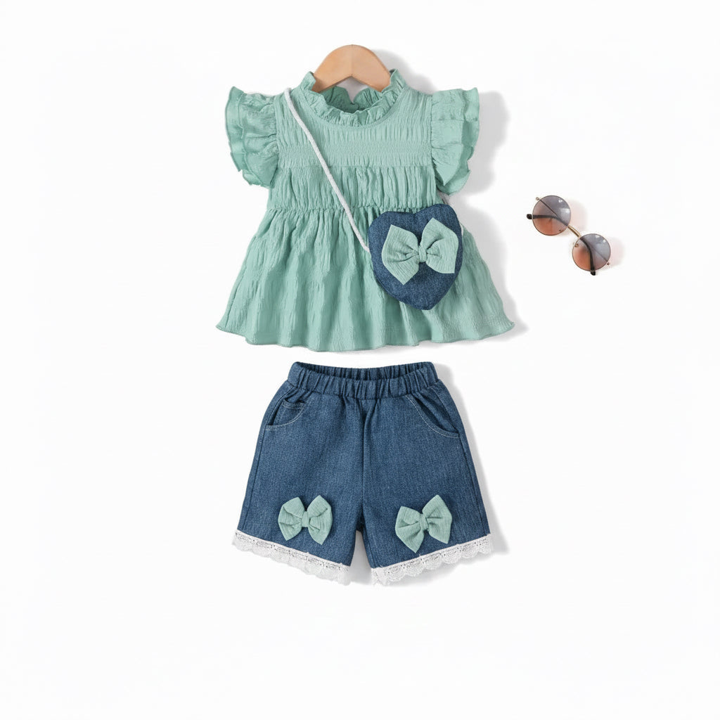 Baby Girl Summer 3-Piece Set | Ruffle Top, Blue Shorts & Bag (0–3 Years)