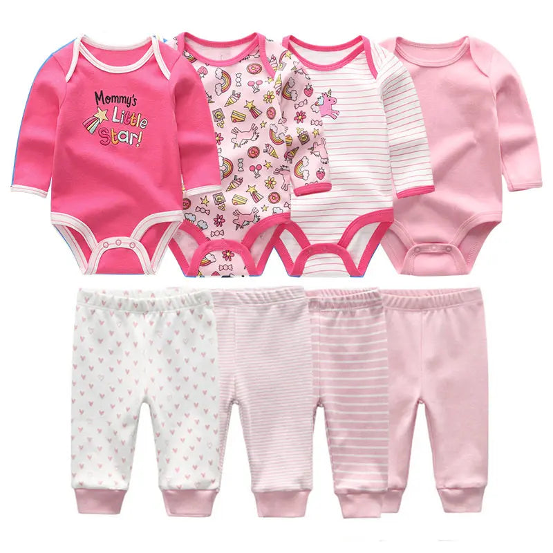 8-Piece Baby Bodysuit & Pants Set – Long Sleeve Cotton Unisex