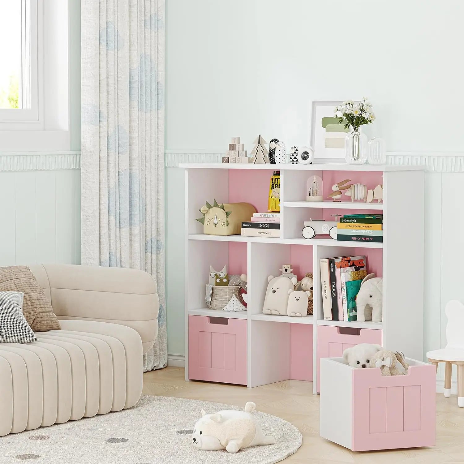 Kids Toy Storage Organiser – Bookshelf with 3 Drawers & 6 Cubbies for Bedroom & Playroom