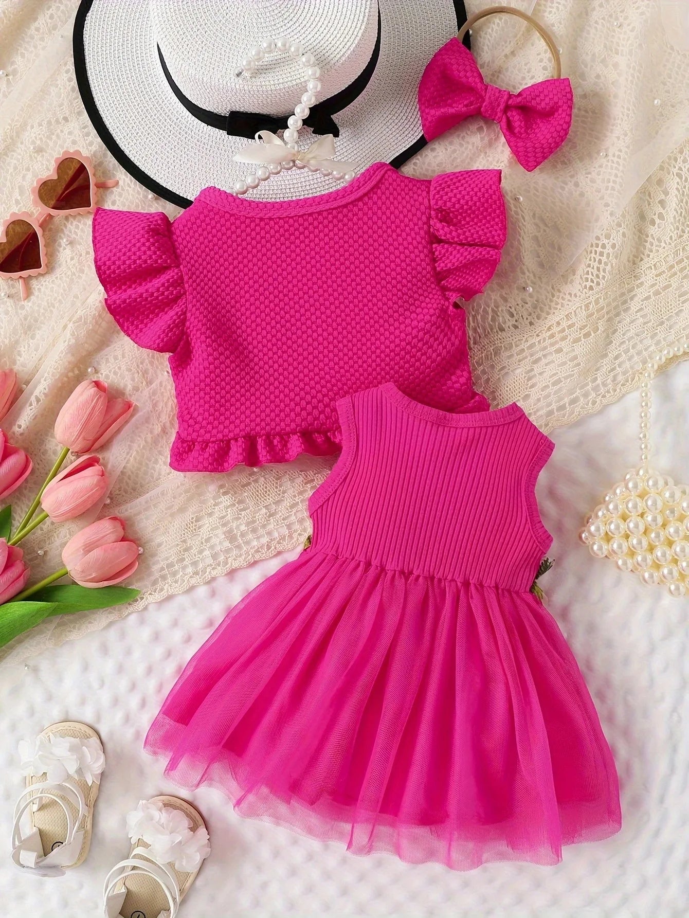 Baby Girls Summer Floral Vest & Mesh Dress Set | 2-Piece