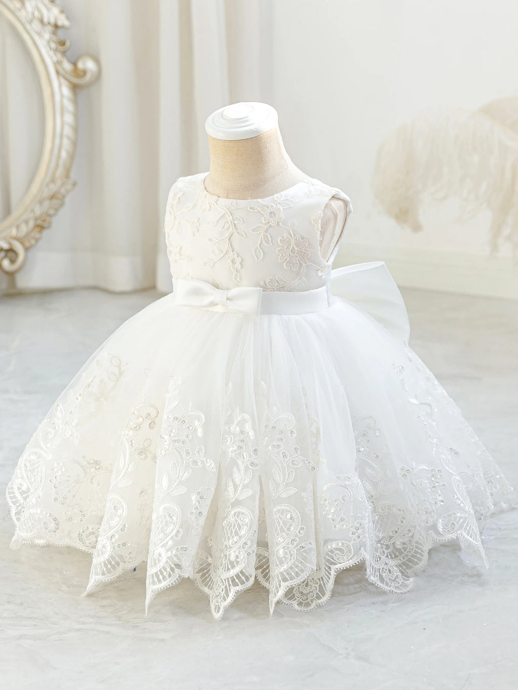 Baby Girls Lace & Mesh Party Dress | Bow A-Line Princess Dress 6M–3Y