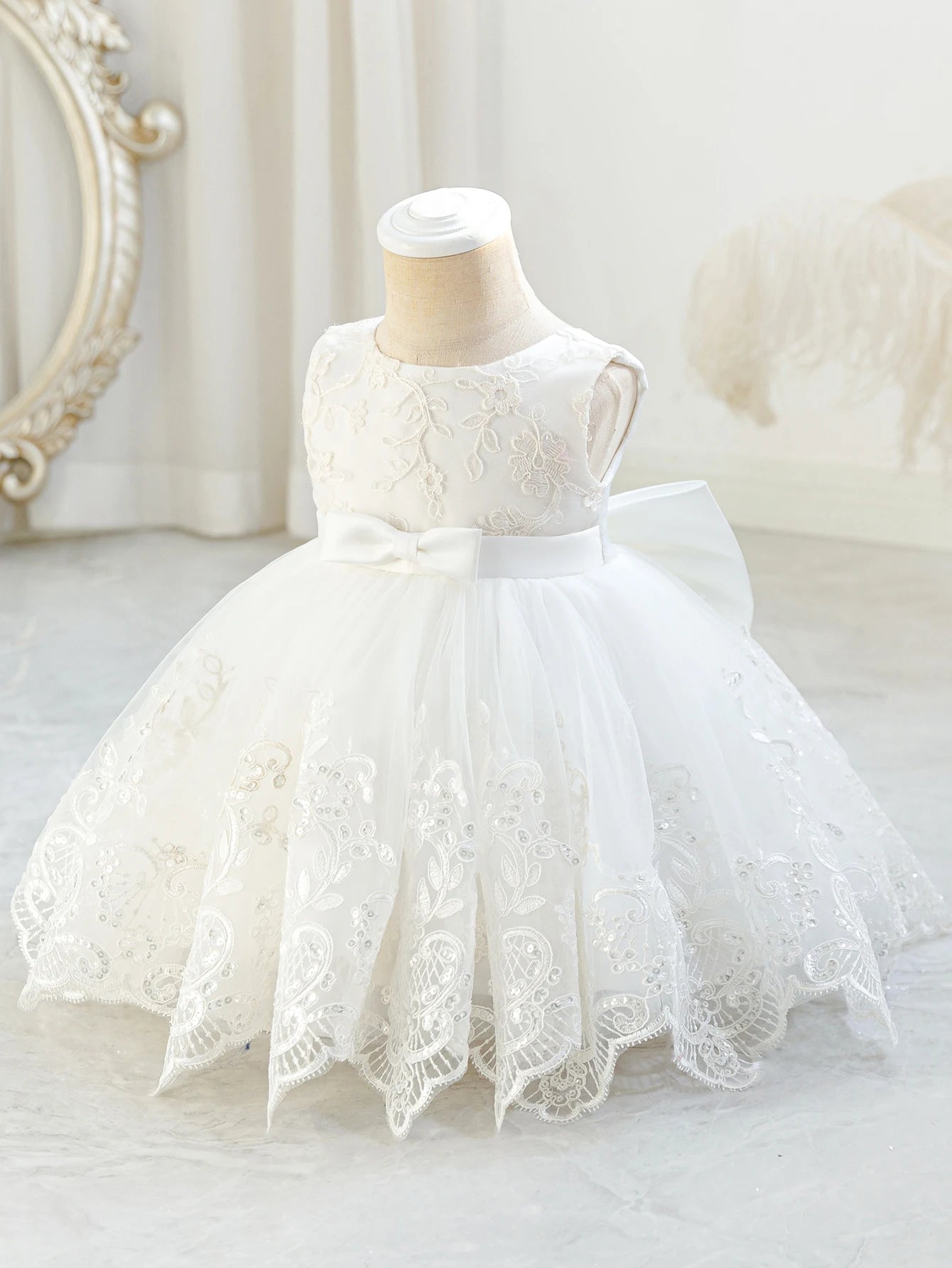 Baby Girls Lace & Mesh Party Dress | Bow A-Line Princess Dress 6M–3Y