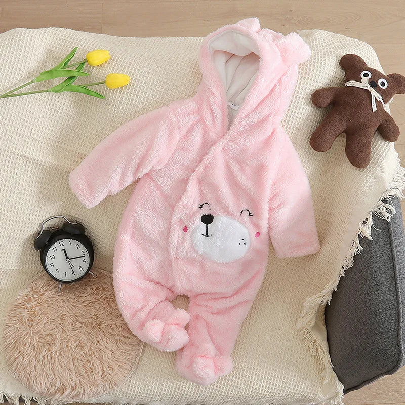 Baby Plush Hooded Romper | Cartoon Animal Ear Jumpsuit Newborn–1.5Y