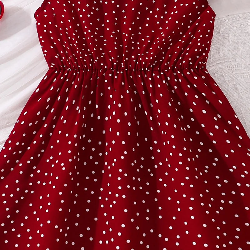 Girls Red Polka Dot V-Neck Dress (4-12Y)