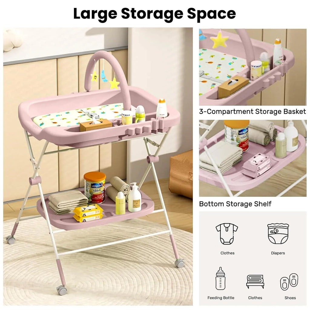 Foldable Baby Diaper Changing Table with Wheels & Storage