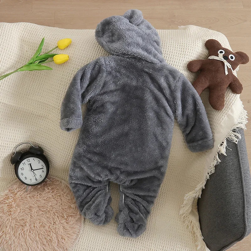 Baby Plush Hooded Romper | Cartoon Animal Ear Jumpsuit Newborn–1.5Y