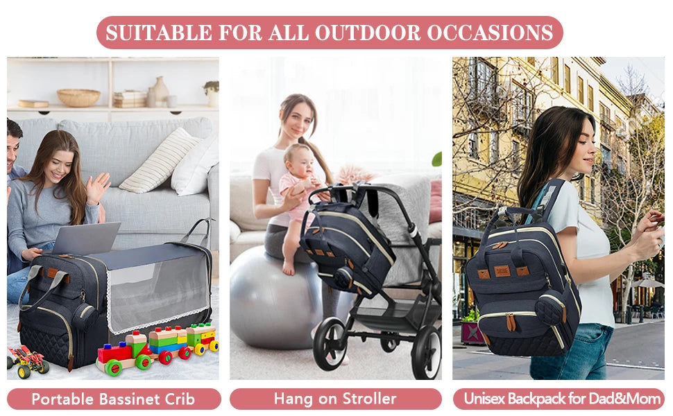 3-in-1 Diaper Bag Backpack with Foldable Changing Bed