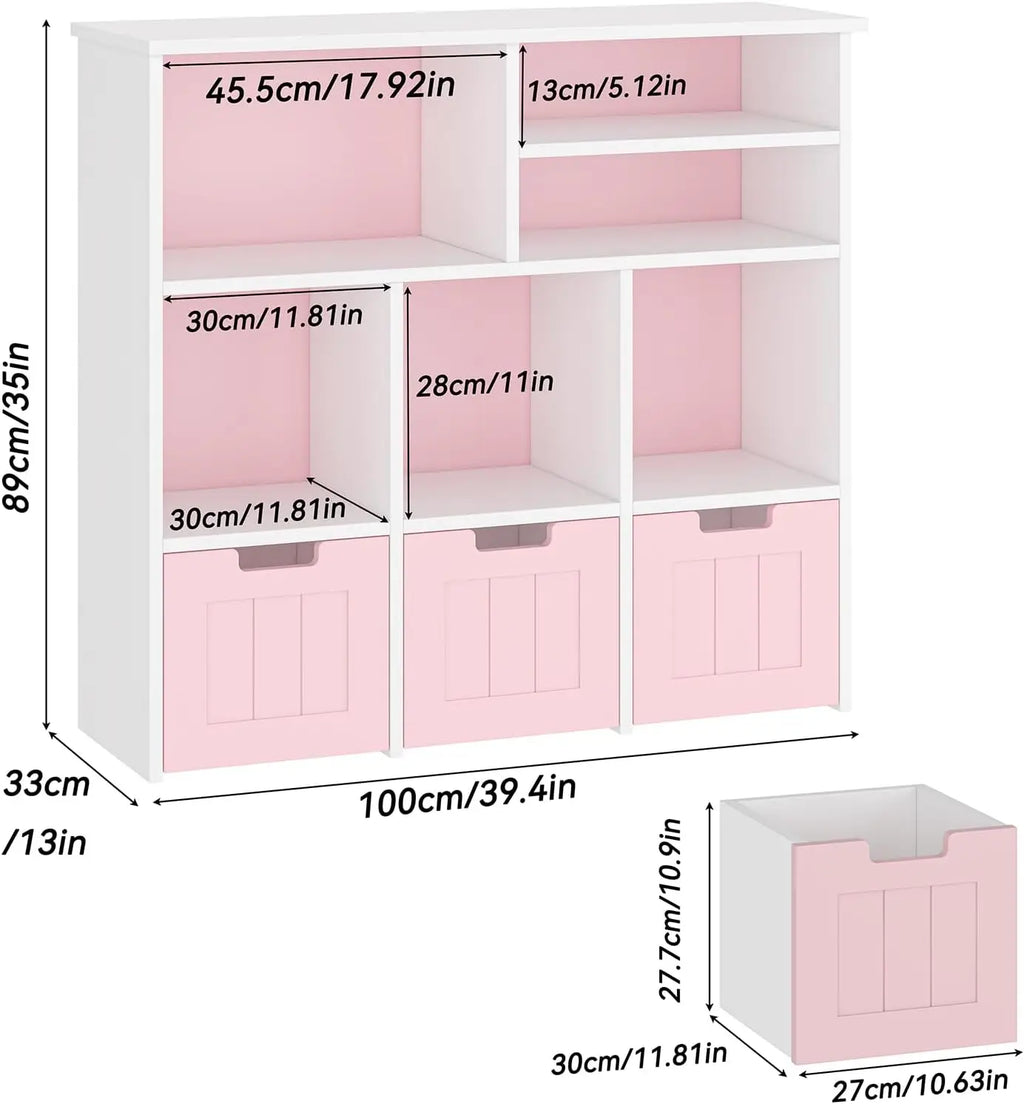 Kids Toy Storage Organiser – Bookshelf with 3 Drawers & 6 Cubbies for Bedroom & Playroom