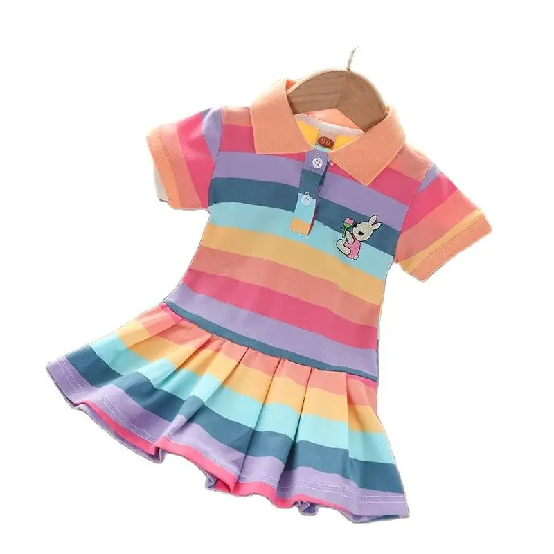 Girls Rainbow Stripe Rabbit Embroidered Dress | Summer | Ages 2–7