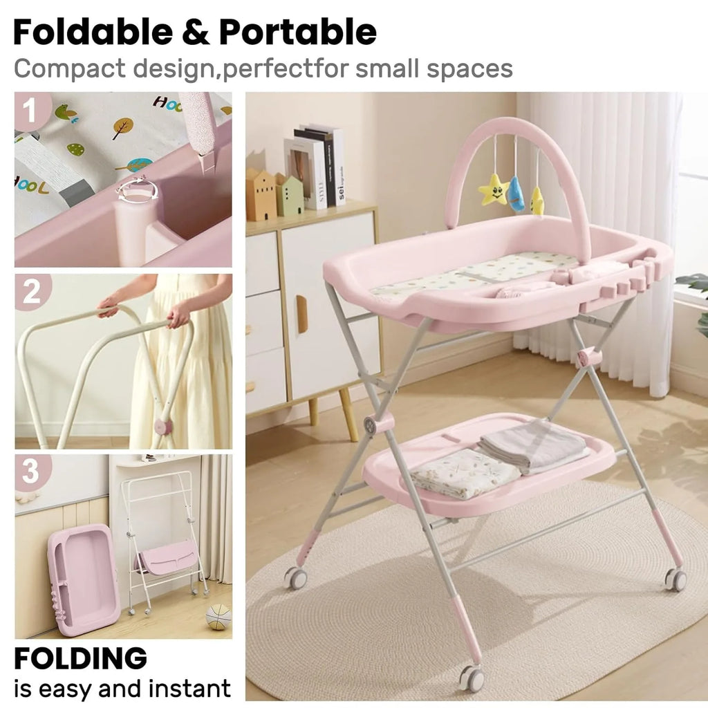 Foldable Baby Diaper Changing Table with Wheels & Storage