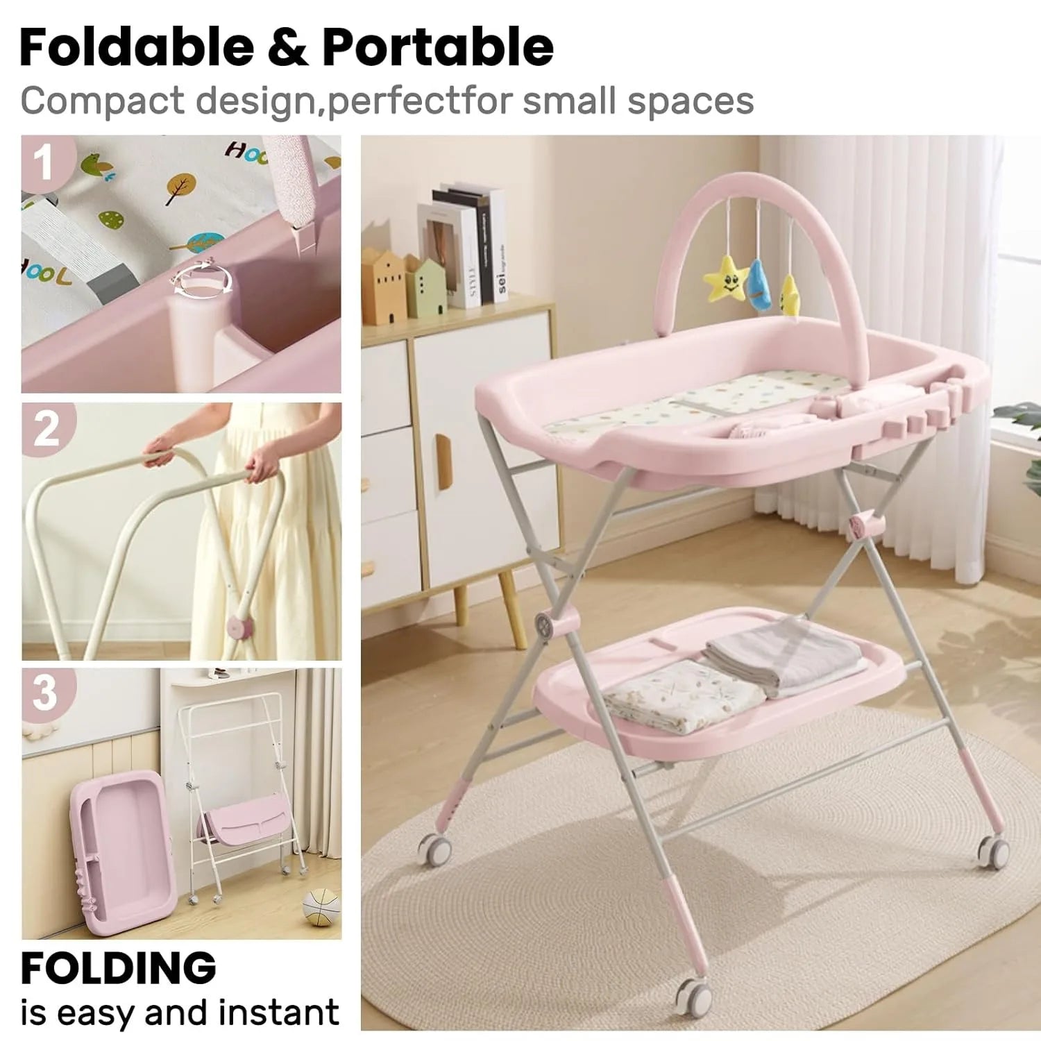 Foldable Baby Diaper Changing Table with Wheels & Storage