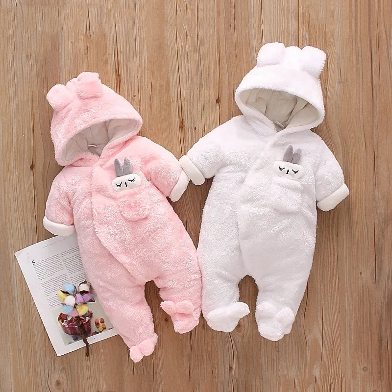 Baby Plush Hooded Romper | Cartoon Animal Ear Jumpsuit Newborn–1.5Y