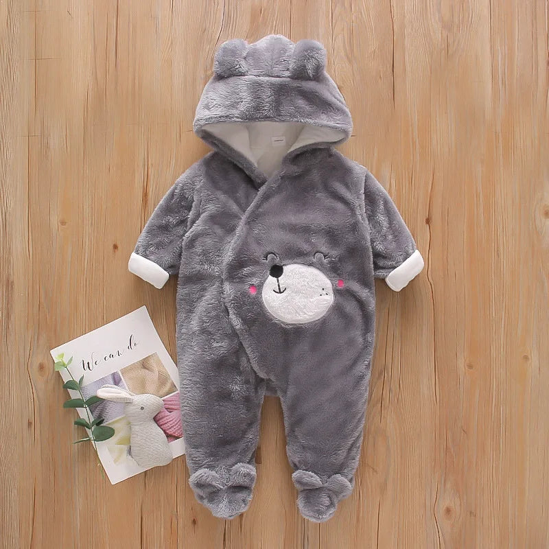 Baby Plush Hooded Romper | Cartoon Animal Ear Jumpsuit Newborn–1.5Y