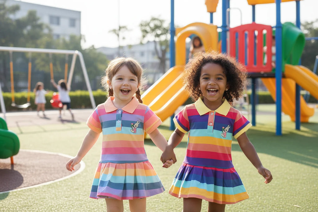 Girls Rainbow Stripe Rabbit Embroidered Dress | Summer | Ages 2–7
