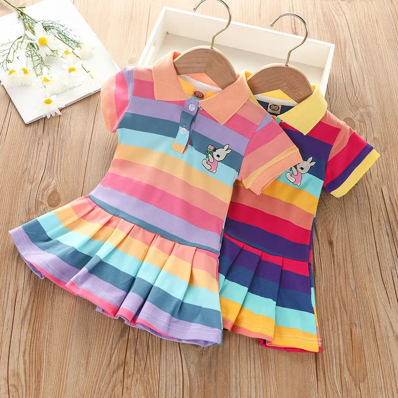 Girls Rainbow Stripe Rabbit Embroidered Dress | Summer | Ages 2–7