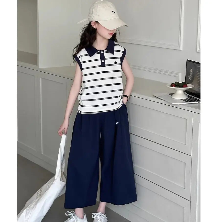 Girls' Striped Polo Vest & Wide-Leg Pants Set – 2-Piece Summer Outfit (7–13Y)