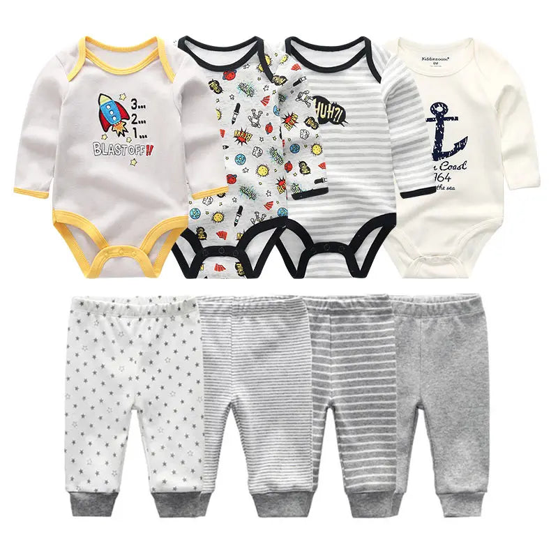 8-Piece Baby Bodysuit & Pants Set – Long Sleeve Cotton Unisex