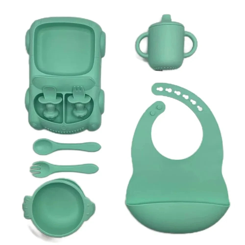 Silicone Baby Feeding Set Tableware Baby Food Dish Fork Spoon Suction Bowl Divided Plate Bib Cup Baby Led Weaning Supplies