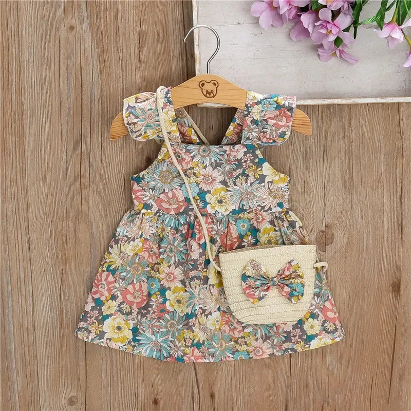 Baby Girls Floral Halter Dress with Bow Bag