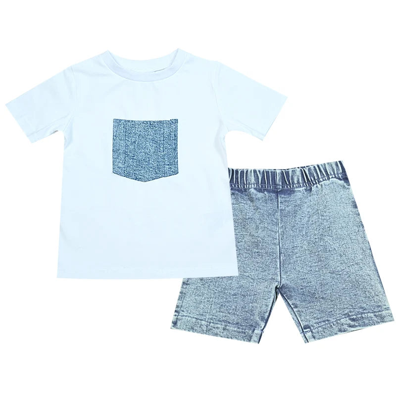 Boys summer denim 2-piece casual set with contrast pocket detail