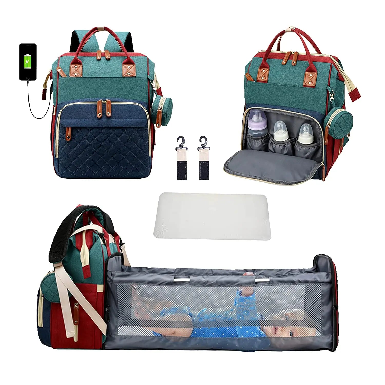 3-in-1 Diaper Bag Backpack with Foldable Changing Bed
