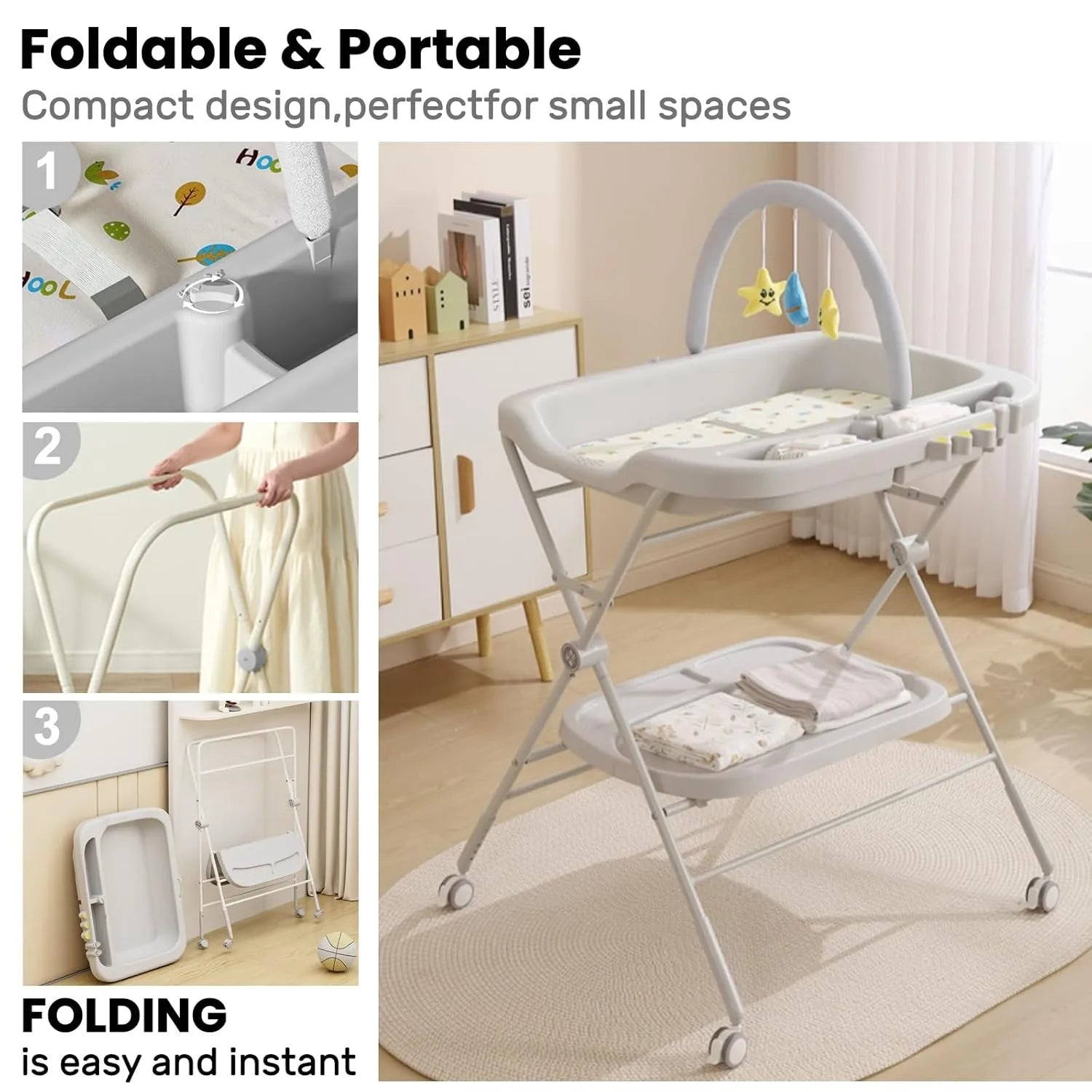 Foldable Baby Diaper Changing Table with Wheels & Storage