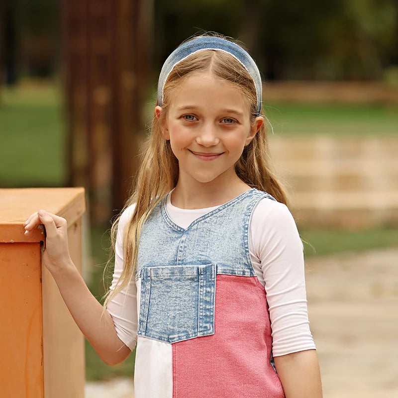 Girls summer denim dress with contrast pocket trim