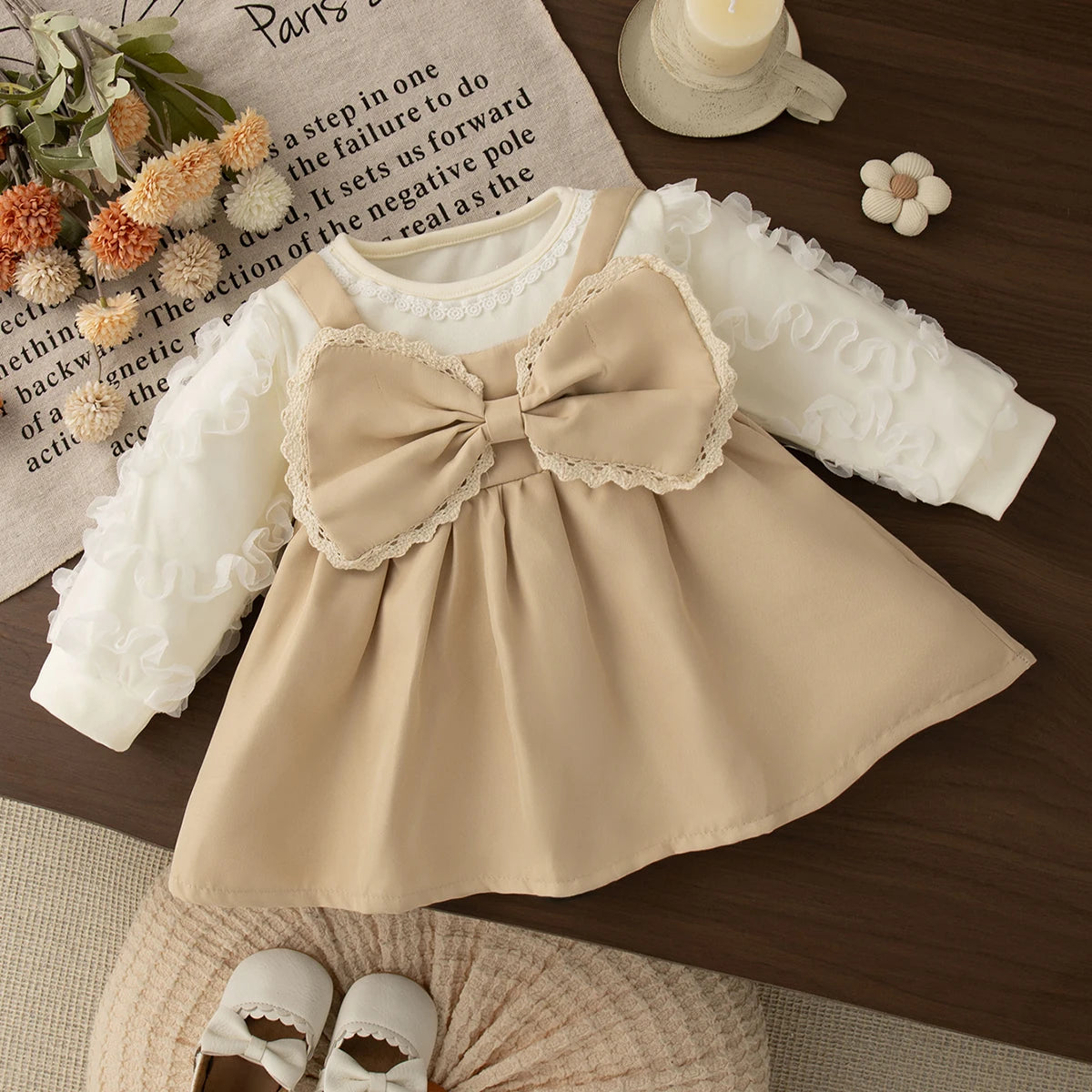 6-24 Months Spring And Autumn New Sweet Bow Baby Girl Dress, Modern Style Bubble Long Sleeved Children'S Clothing For Parties