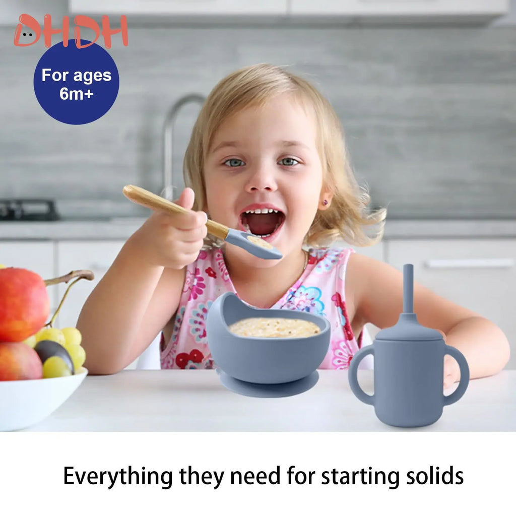 Silicone Baby Feeding Set with Suction Bowl, Plate, Spoon, Fork & Bib | BPA-Free