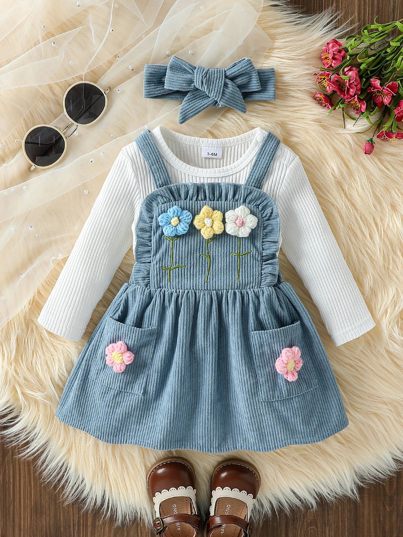 Baby Girls Autumn 3-Piece Outfit Set | Romper, Crochet Skirt & Headband