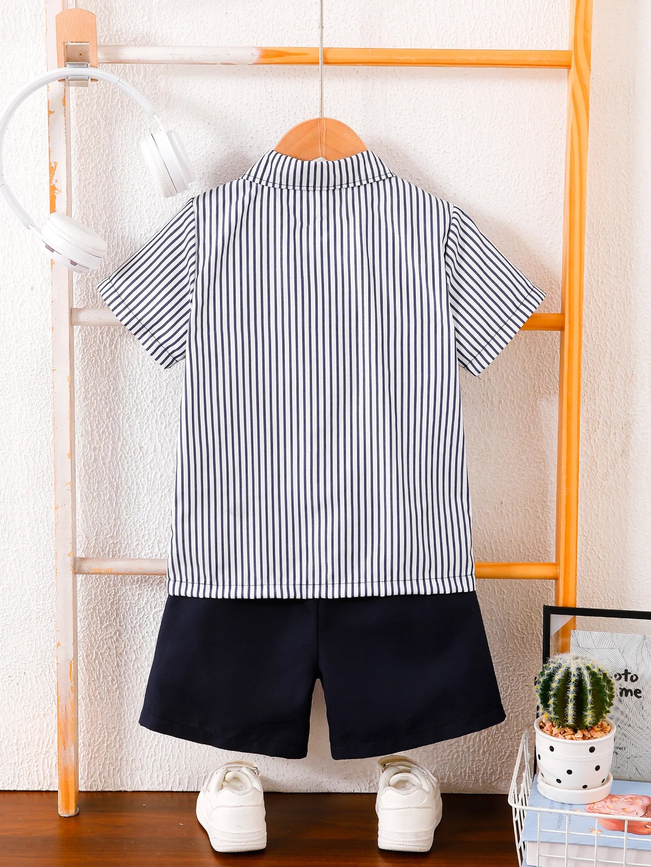 Boys Short Sleeve Shirt & Shorts 2-Piece Set | Striped Splice Design | Mini Modern
