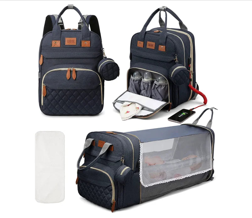 3-in-1 Diaper Bag Backpack with Foldable Changing Bed