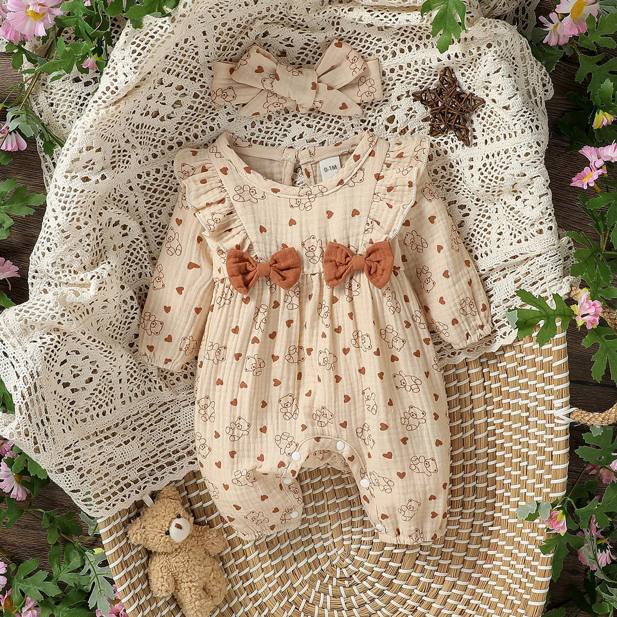 Baby Girl's All Seasons Long Sleeve Print Floral With Bow Daily Jumpsuit For Newborn-6M Clothes +Headband