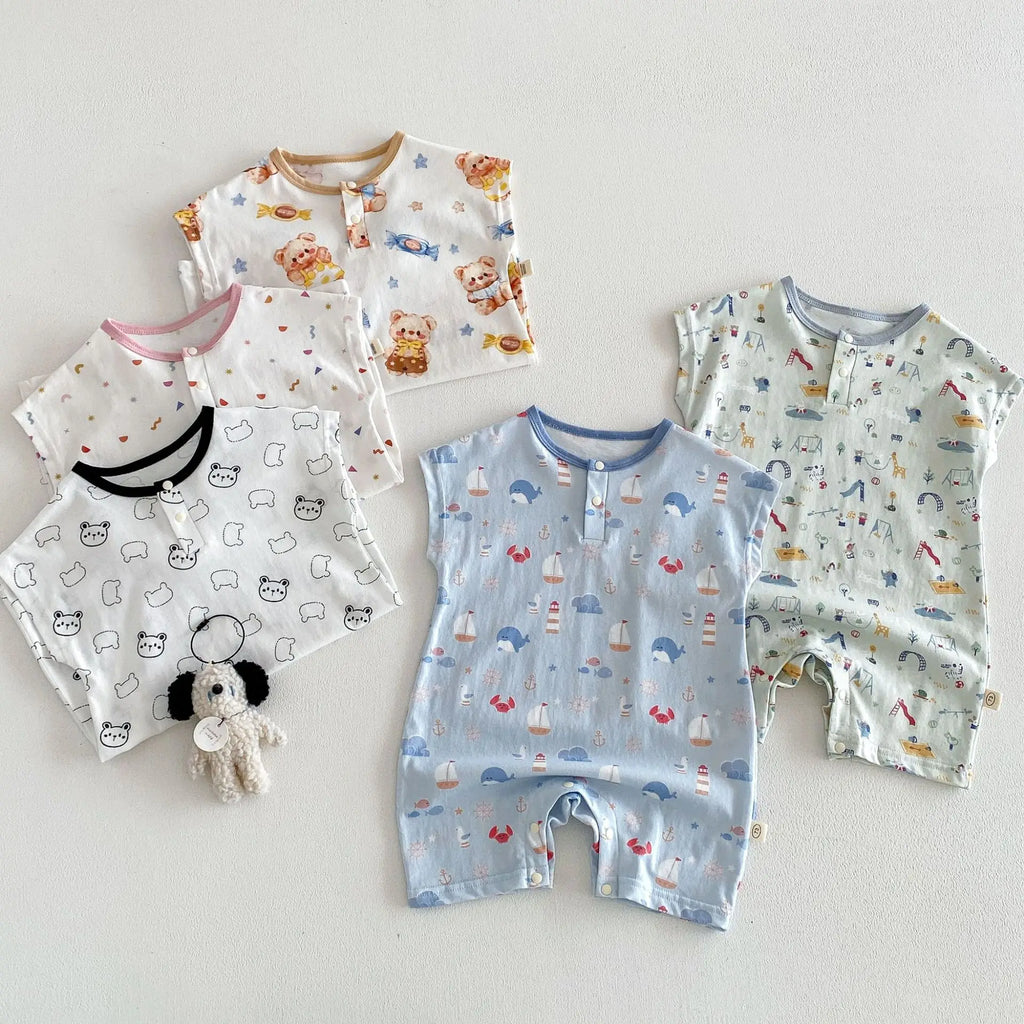 Baby Cartoon Print Summer Romper | Sleeveless Snap Bodysuit 3–24M