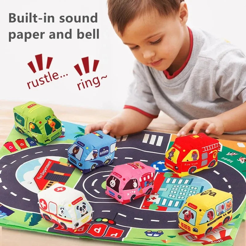 Soft Fabric Car Toy Set with Play Mat – 9-Piece Sensory Toy for Babies