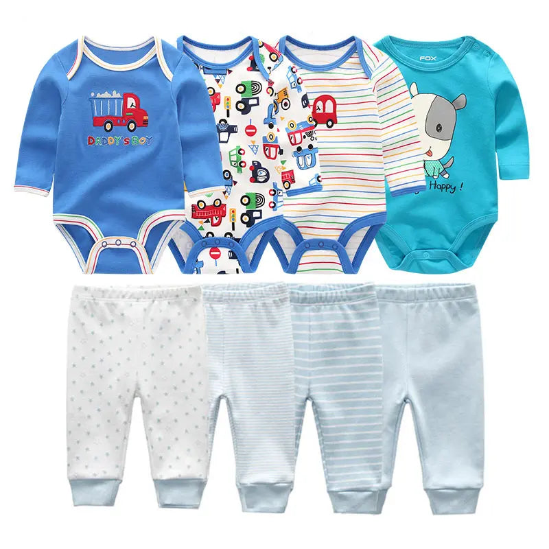 8-Piece Baby Bodysuit & Pants Set – Long Sleeve Cotton Unisex