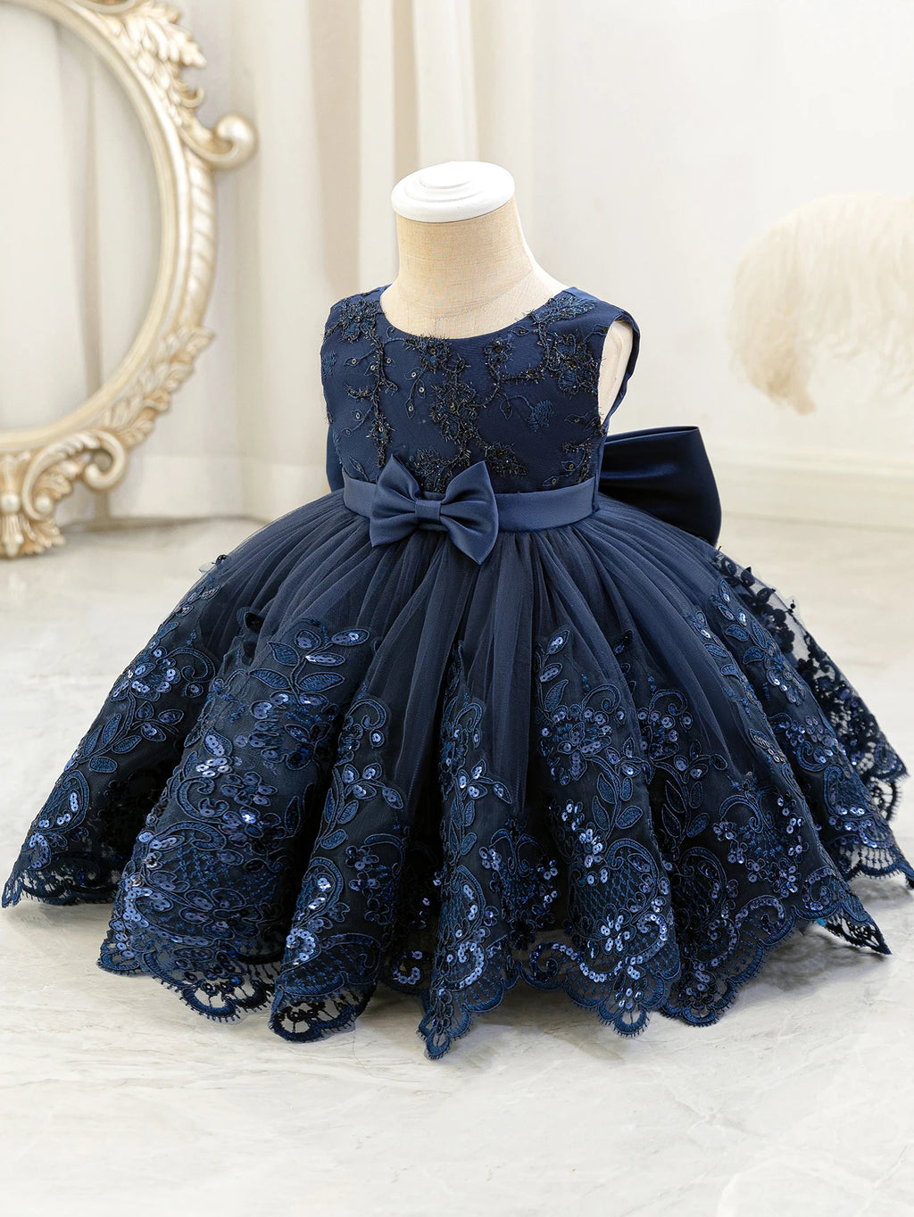 Baby Girls Lace & Mesh Party Dress | Bow A-Line Princess Dress 6M–3Y